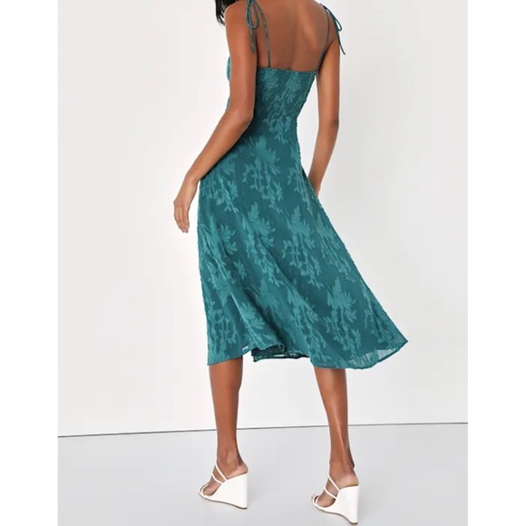 Lulus Loveliest Looks Emerald Green Floral Jacquard Midi Dress Tie Straps Size S - Picture 3 of 12